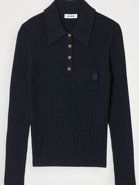 Sandro Cable Rib Knit Polo Sweater Navy Button Long Sleeve Size 1 XS women's
